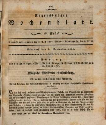 Regensburger Wochenblatt Mittwoch 6. September 1820