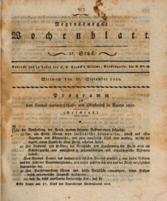 Regensburger Wochenblatt Mittwoch 13. September 1820