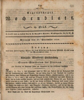 Regensburger Wochenblatt Mittwoch 27. September 1820