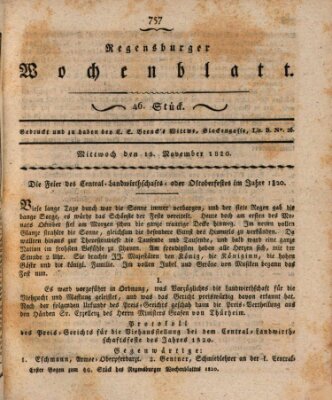 Regensburger Wochenblatt Mittwoch 15. November 1820