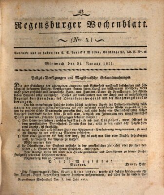 Regensburger Wochenblatt Mittwoch 31. Januar 1821