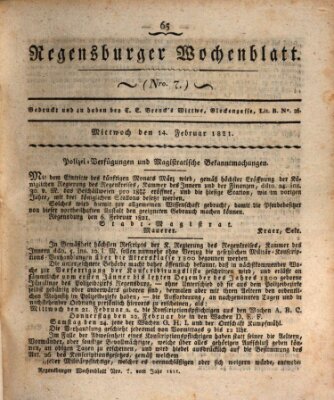 Regensburger Wochenblatt Mittwoch 14. Februar 1821