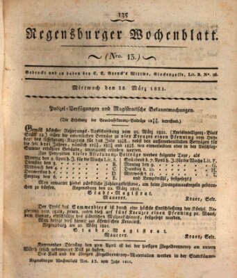 Regensburger Wochenblatt Mittwoch 28. März 1821