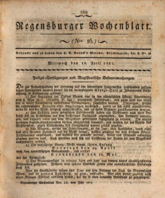 Regensburger Wochenblatt Mittwoch 18. April 1821