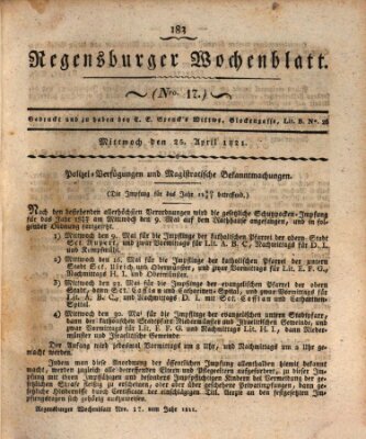 Regensburger Wochenblatt Mittwoch 25. April 1821