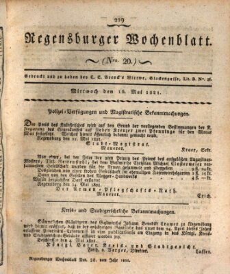 Regensburger Wochenblatt Mittwoch 16. Mai 1821