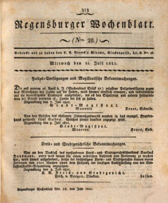 Regensburger Wochenblatt Mittwoch 11. Juli 1821