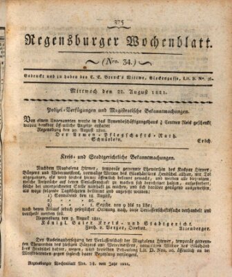 Regensburger Wochenblatt Mittwoch 22. August 1821