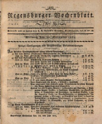 Regensburger Wochenblatt Mittwoch 26. September 1821