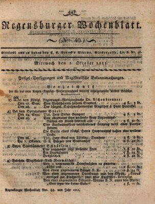 Regensburger Wochenblatt Freitag 5. Oktober 1821