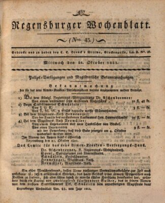 Regensburger Wochenblatt Mittwoch 24. Oktober 1821