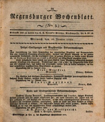 Regensburger Wochenblatt Mittwoch 16. Januar 1822