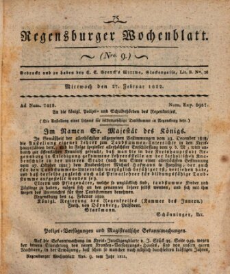 Regensburger Wochenblatt Mittwoch 27. Februar 1822