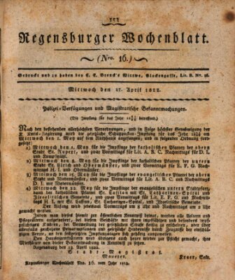 Regensburger Wochenblatt Mittwoch 17. April 1822