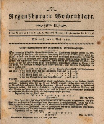 Regensburger Wochenblatt Mittwoch 1. Mai 1822