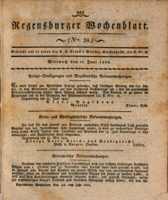 Regensburger Wochenblatt Mittwoch 12. Juni 1822