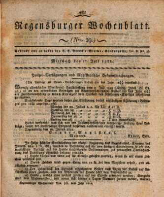 Regensburger Wochenblatt Mittwoch 17. Juli 1822