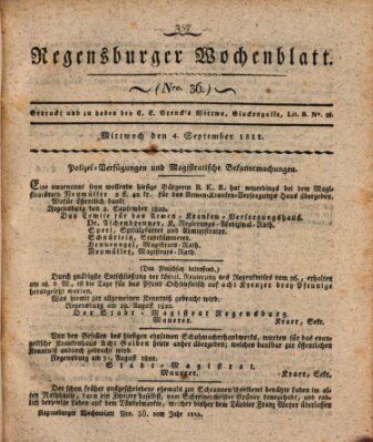 Regensburger Wochenblatt Mittwoch 4. September 1822