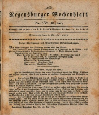 Regensburger Wochenblatt Mittwoch 2. Oktober 1822