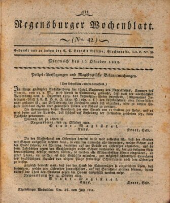 Regensburger Wochenblatt Mittwoch 16. Oktober 1822