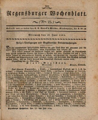 Regensburger Wochenblatt Mittwoch 16. Juni 1824