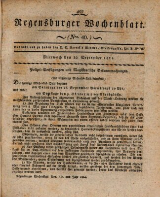 Regensburger Wochenblatt Mittwoch 29. September 1824