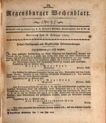 Regensburger Wochenblatt Mittwoch 16. Februar 1825