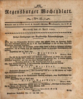 Regensburger Wochenblatt Mittwoch 27. April 1825