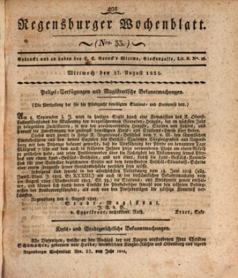 Regensburger Wochenblatt Mittwoch 17. August 1825