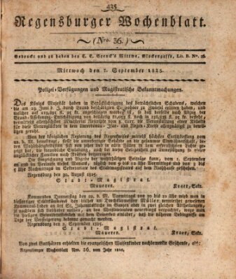 Regensburger Wochenblatt Mittwoch 7. September 1825