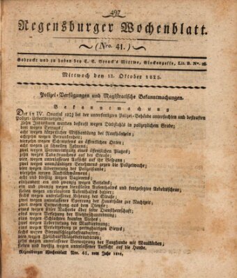 Regensburger Wochenblatt Mittwoch 12. Oktober 1825