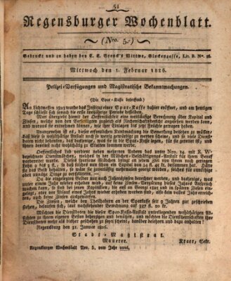 Regensburger Wochenblatt Mittwoch 1. Februar 1826