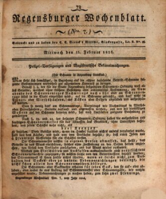 Regensburger Wochenblatt Mittwoch 15. Februar 1826