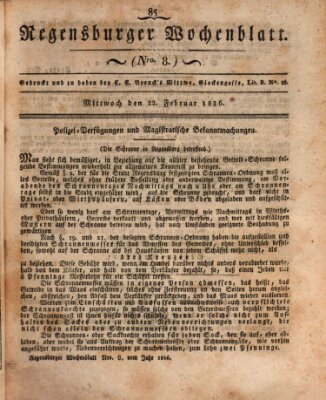 Regensburger Wochenblatt Mittwoch 22. Februar 1826