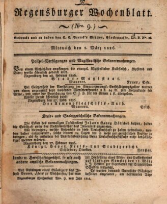 Regensburger Wochenblatt Mittwoch 1. März 1826