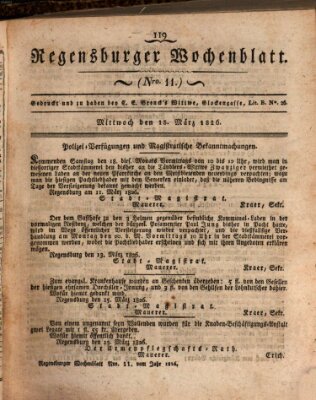 Regensburger Wochenblatt Mittwoch 15. März 1826