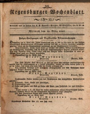 Regensburger Wochenblatt Mittwoch 29. März 1826