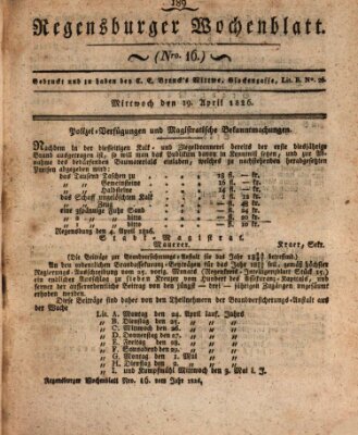 Regensburger Wochenblatt Mittwoch 19. April 1826