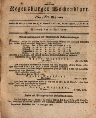 Regensburger Wochenblatt Mittwoch 3. Mai 1826