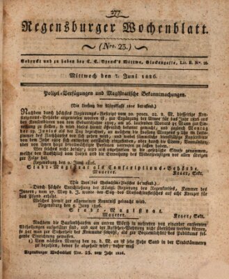 Regensburger Wochenblatt Mittwoch 7. Juni 1826