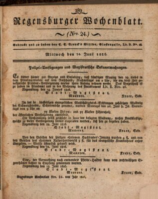 Regensburger Wochenblatt Mittwoch 14. Juni 1826