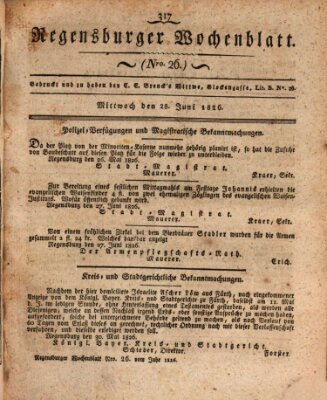 Regensburger Wochenblatt Mittwoch 28. Juni 1826