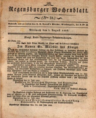 Regensburger Wochenblatt Mittwoch 2. August 1826