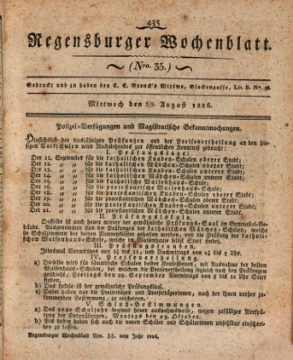 Regensburger Wochenblatt Mittwoch 30. August 1826