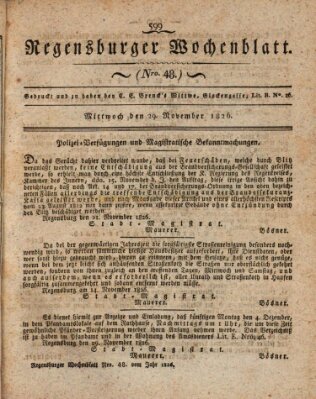 Regensburger Wochenblatt Mittwoch 29. November 1826