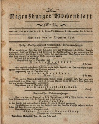 Regensburger Wochenblatt Mittwoch 20. Dezember 1826