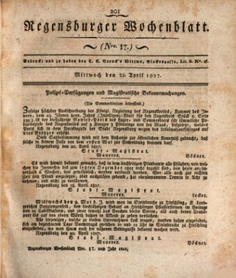 Regensburger Wochenblatt Mittwoch 25. April 1827