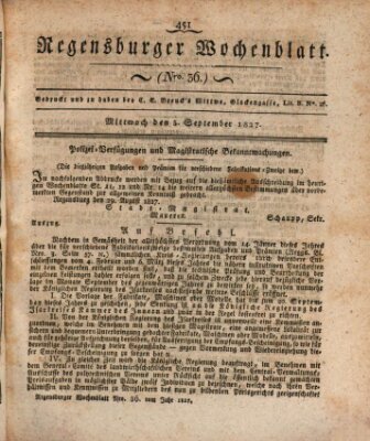 Regensburger Wochenblatt Mittwoch 5. September 1827