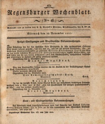 Regensburger Wochenblatt Mittwoch 14. November 1827