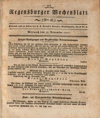 Regensburger Wochenblatt Mittwoch 21. November 1827